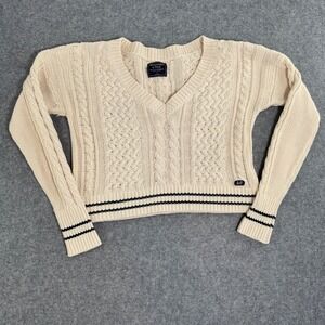 Abercrombie & Fitch Womens Small Cream Cable Knit Cropped V-Neck Varsity Sweater